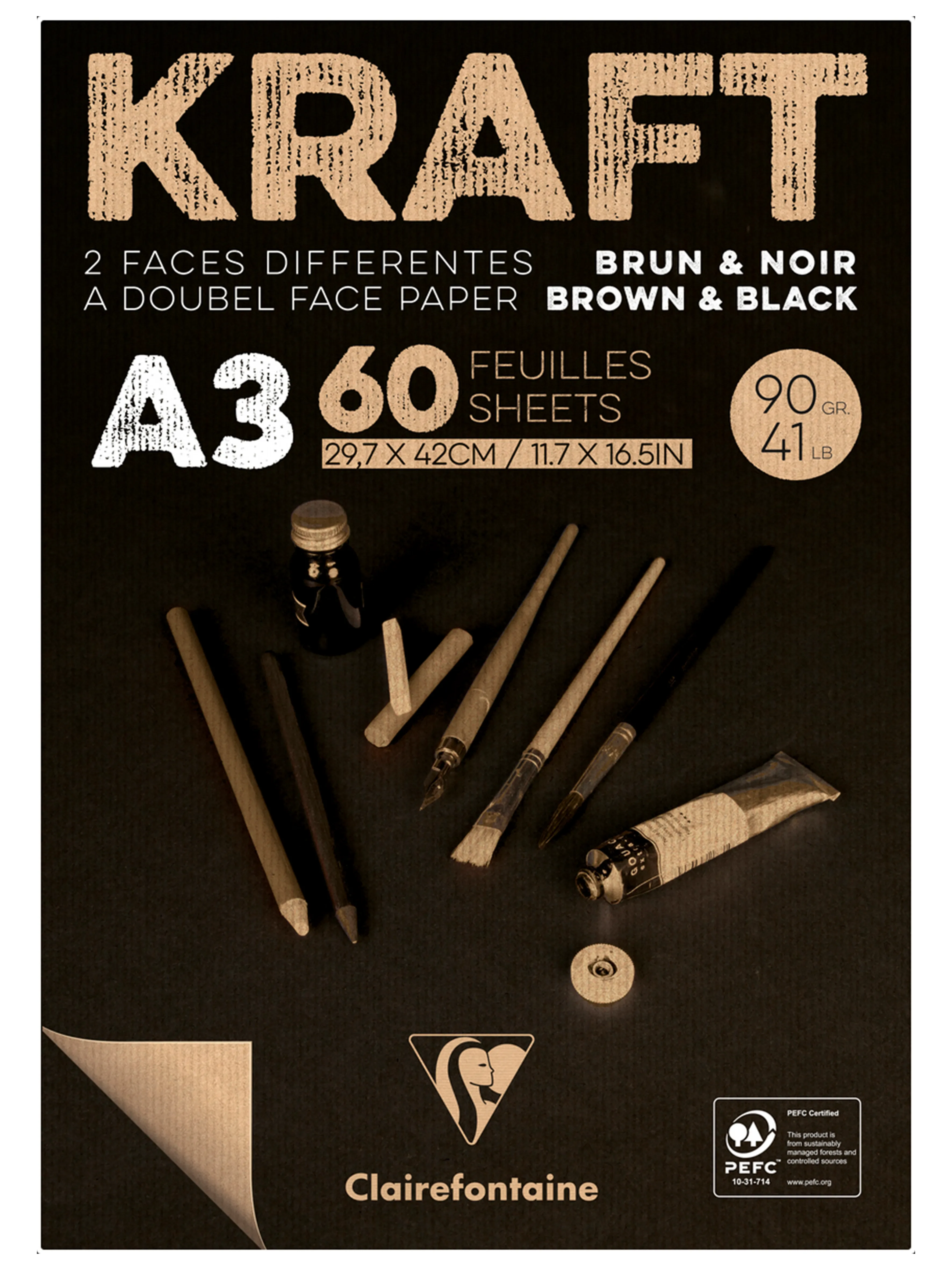 Clairefontaine Kraft Kahverengi Ve Siyah Çizim Blok 90 g A3 60 Yaprak