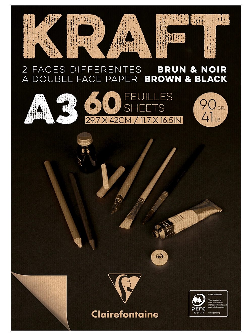 Clairefontaine Kraft Kahverengi Ve Siyah Çizim Blok 90 g A3 60 Yaprak