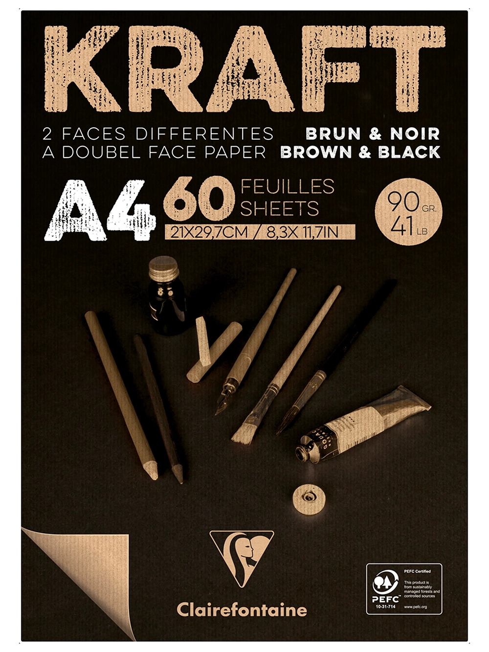 Clairefontaine Kraft Kahverengi Ve Siyah Çizim Blok 90 g A4 60 Yaprak