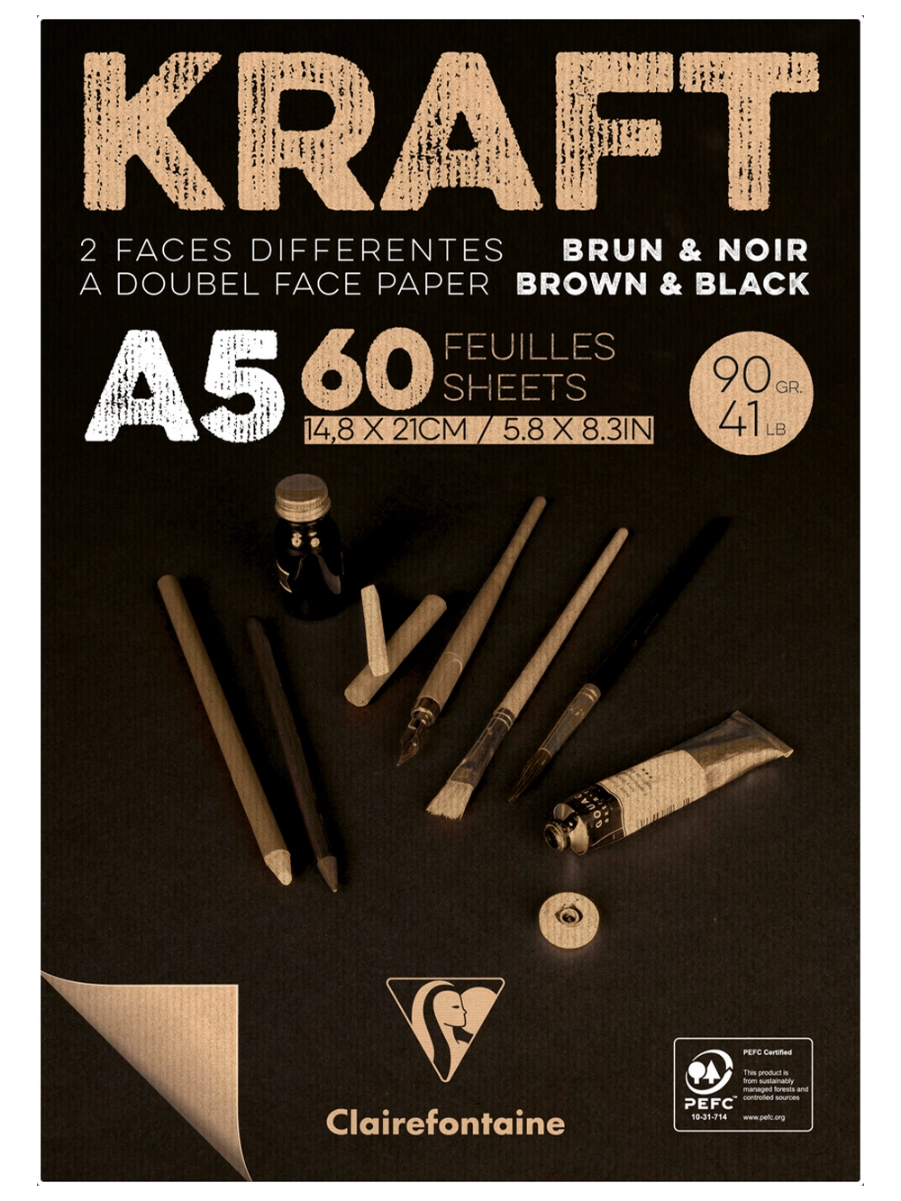 Clairefontaine Kraft Kahverengi Ve Siyah Çizim Blok 90 g A5 60 Yaprak