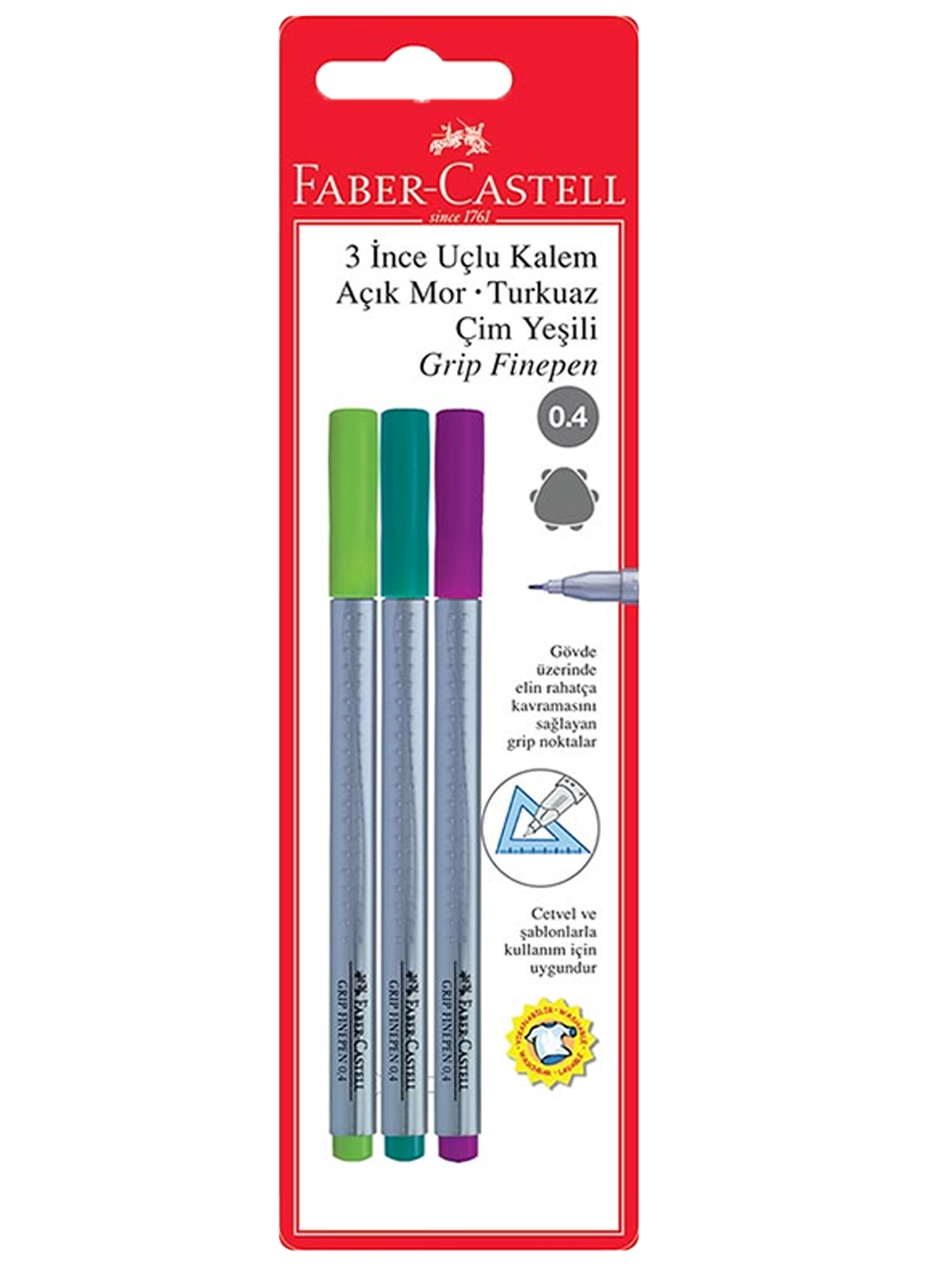 Faber-Castell Grip Finepen İnce Uçlu Keçeli Kalem 3'lü Karışık Renkli