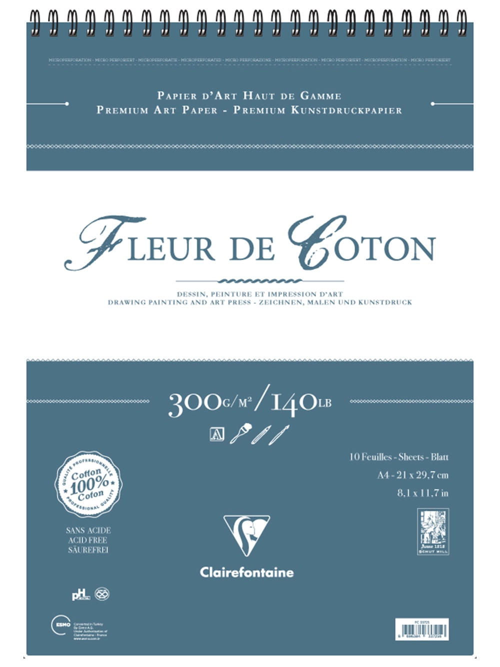 Clairefontaine Fleur De Cotton Baskı Ve Sulu Boya Blok 300 g A4 10 Yaprak Spiralli